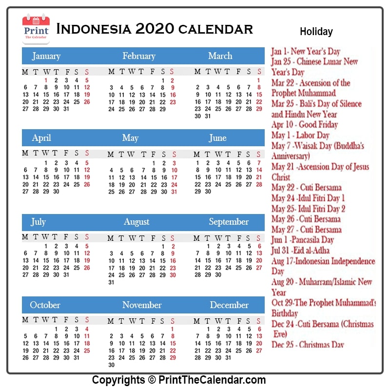 Indonesia Calendar 2020 with Indonesia Public Holidays